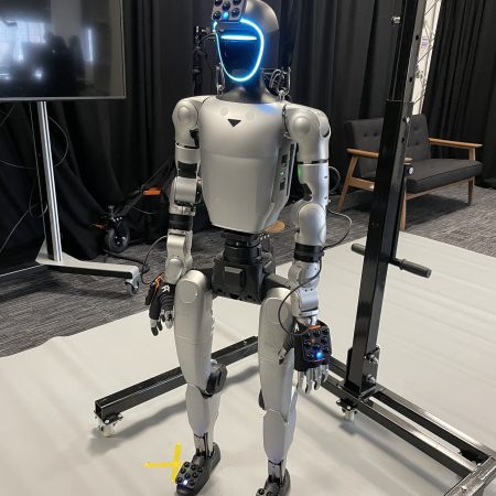A humanoid robot in the XR Stories immersive R&D lab