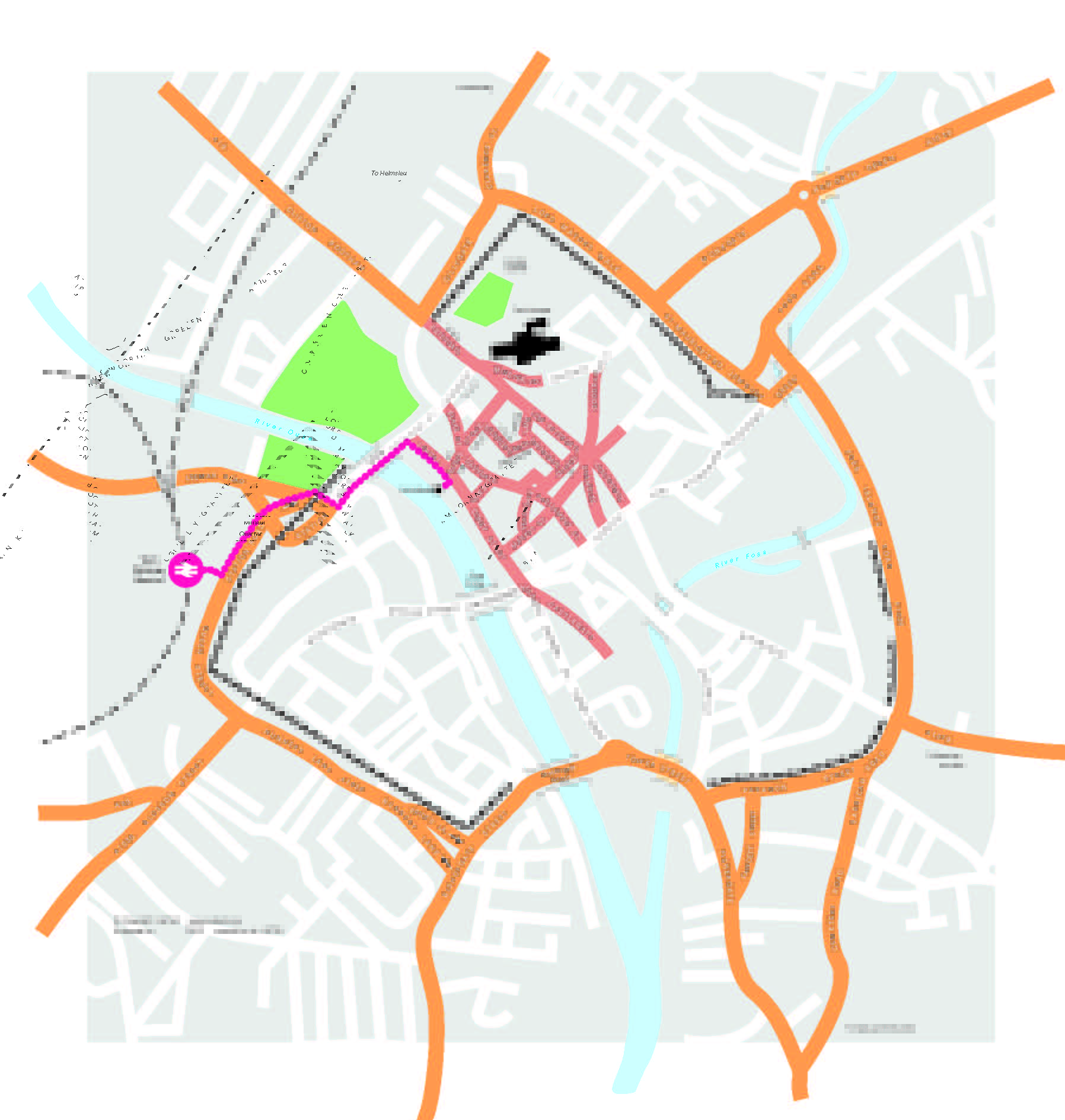 A map of York city centre showing a walking route from York Railway Station to the XR Stories office marked by a pink line denoting the route. Turn left out of the station and walk along station road until it merges left onto Museum Street. Walk along Museum Street and across Lendal Bridge and then turn right onto Lendal. XR Stories is located in The Guildhall, through the archway next to the Mansion House on St. Helen's Square.
